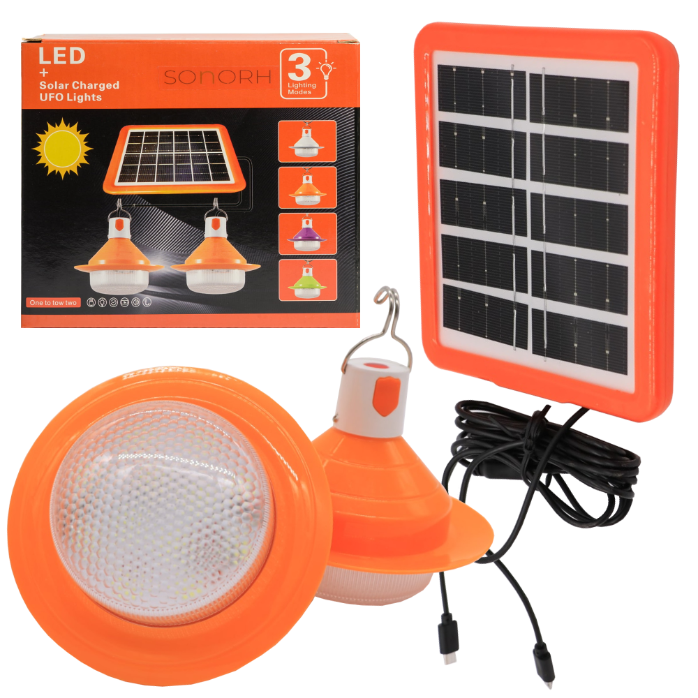 Комплект освітлення сонячна панель та 2 LED лампочки RZ-01647 / Кемпінгова лампа прожектор, фото 1