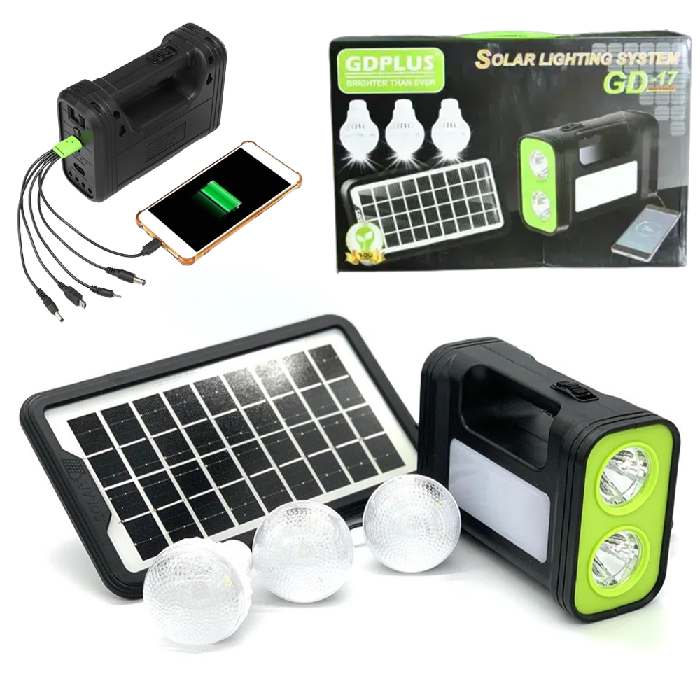 Сонячна система GD-17, з повербанком та 3 аварійними лампочками / Переносний ліхтар із сонячною панеллю, фото 1
