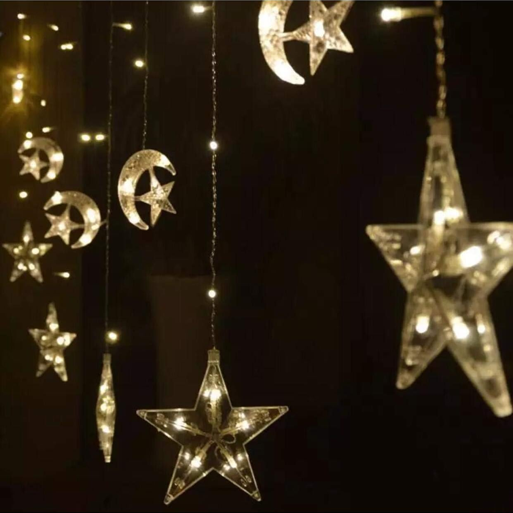 Гірлянда Штора від мережі 2,5х0,6 м, 138 LED, Жовтий, Зірки та Місяць AD-50551 / Світлодіодна новорічна гірлянда, фото 1