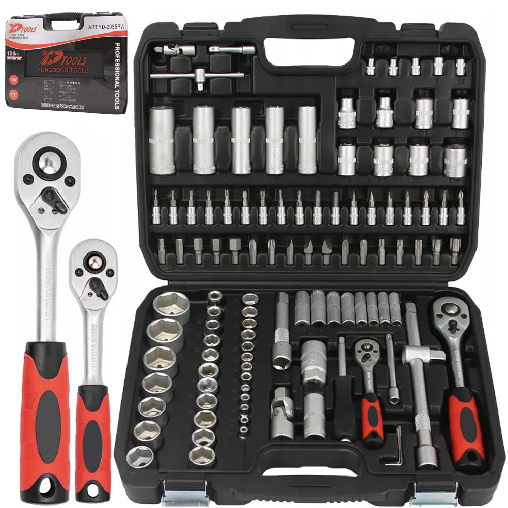 Набір інструментів 108 предметів у кейсі / Великий набір ручного інструменту з тріскачкою, фото 1