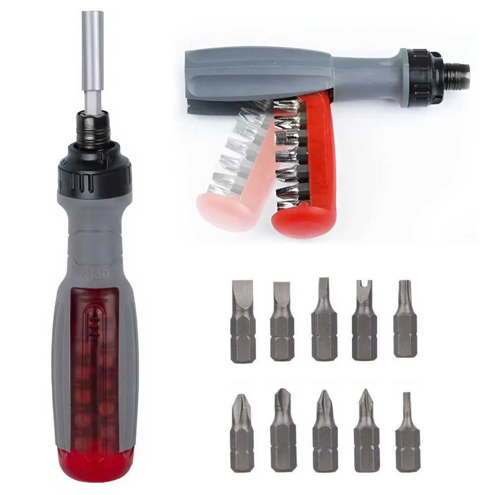 Викрутка з храповим механізмом 11в1 / Викрутка з набором біт / Ручна викрутка / Поворотна викрутка, фото 1