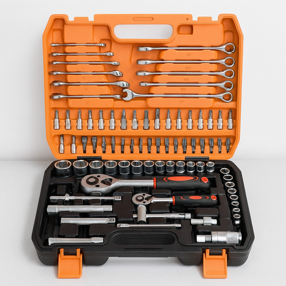 Набір інструментів для авто в кейсі, 78 предметів / Набір головок з тріскачкою / Набір біт / Набір ключів, фото 1