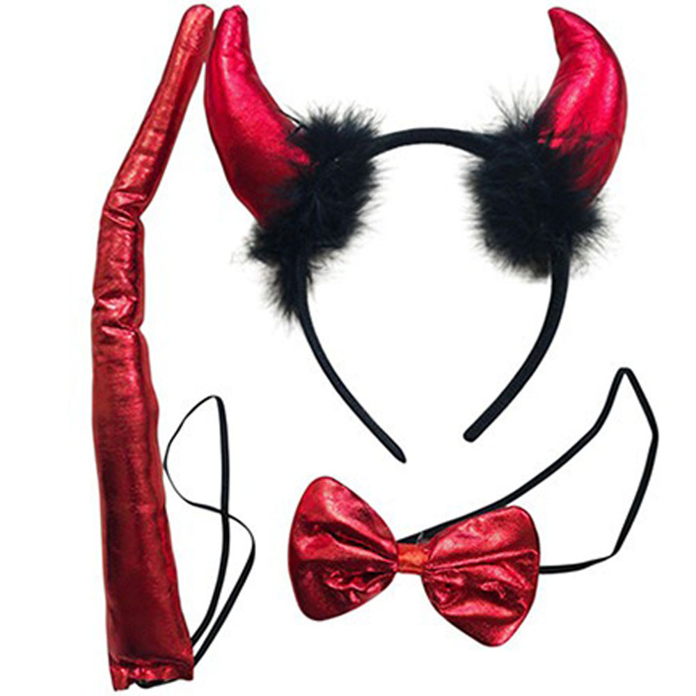 Карнавальний набір чортика з 3-х елементів (ріжки, хвіст, метелик) / Костюм диявола / Набір чортеня з пухом, фото 1