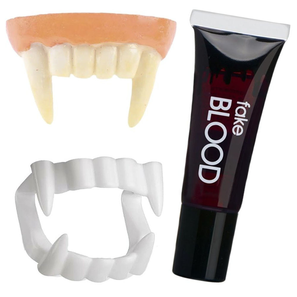 Штучна кров грим та зуби на Хелловін, 14мл / Набір клики та кров вампіра / Зуби вампіра / Зуби дракули, фото 1