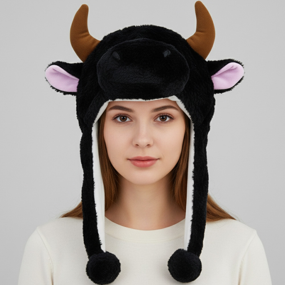 Плюшева шапка-бичок / Шапка ушанка Бик / Шапочка Бик / Карнавальна шапка / Маскарадна шапка на хеловін, фото 1