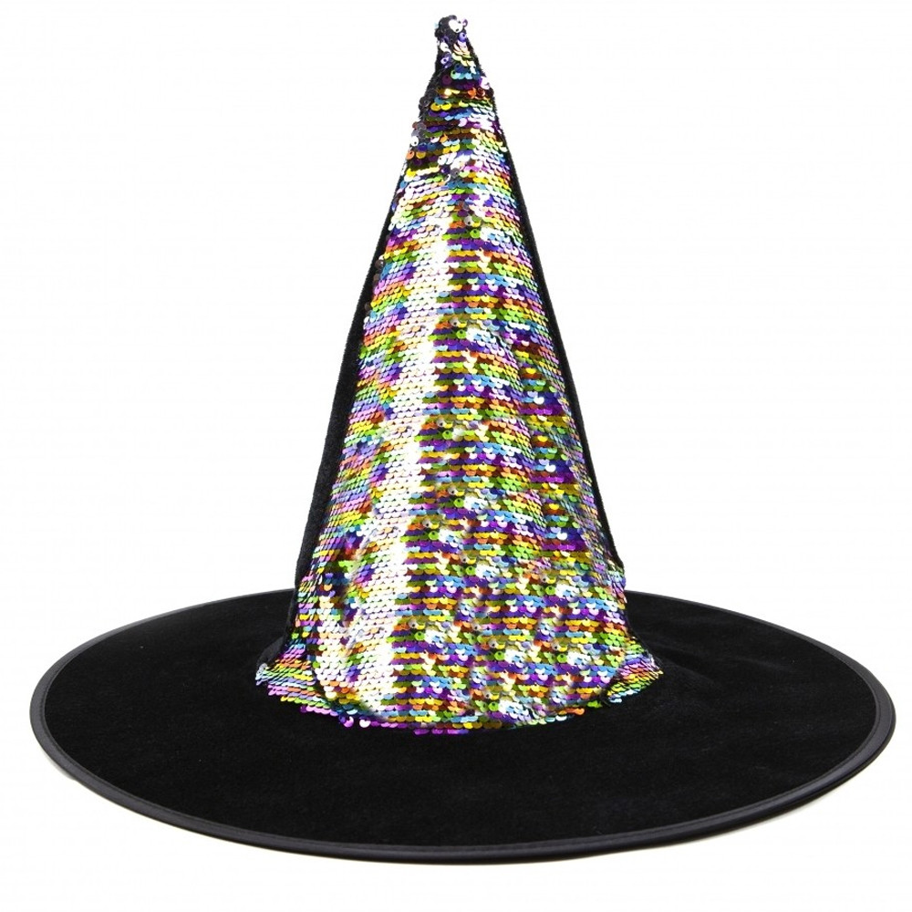 Ковпак відьми з кольоровими паєтками / Капелюх для відьми / Відьомський капелюх / Костюм на Хелловін, фото 1