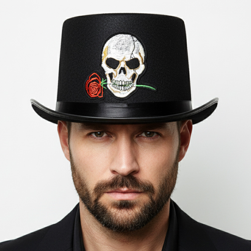 Циліндр з вишивкою / Карнавальний капелюх / Капелюх на хеловін / Циліндр на хеловін / Циліндр з черепом, фото 1