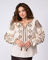 Жіноча блузка вишиванка з геометричним орнаментом хрестиком "Зірка" світло-бежева