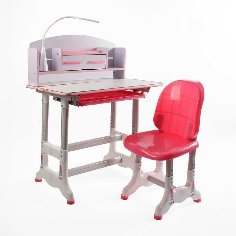 Парта дитяча зі стільчиком - колір рожевий, з полицями, регульована висота та нахил , з лампою BL-18806