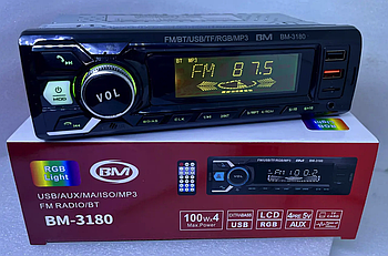 Автомагнітола BOSCHMANN BM-3180 Bluetooth, MP3, RGB-підсвічування, 2xUSB, SD, AUX (1DIN)
