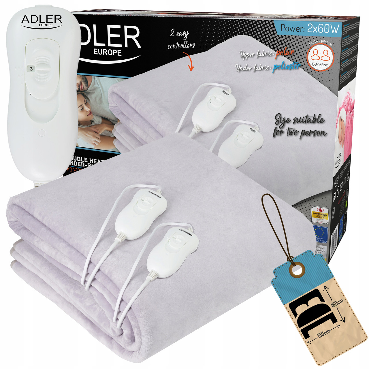 Електроковдра двоспальна 150х160см з регулятором температури Adler AD7426 Електропростирадло із захистом від перегрівання, фото 1