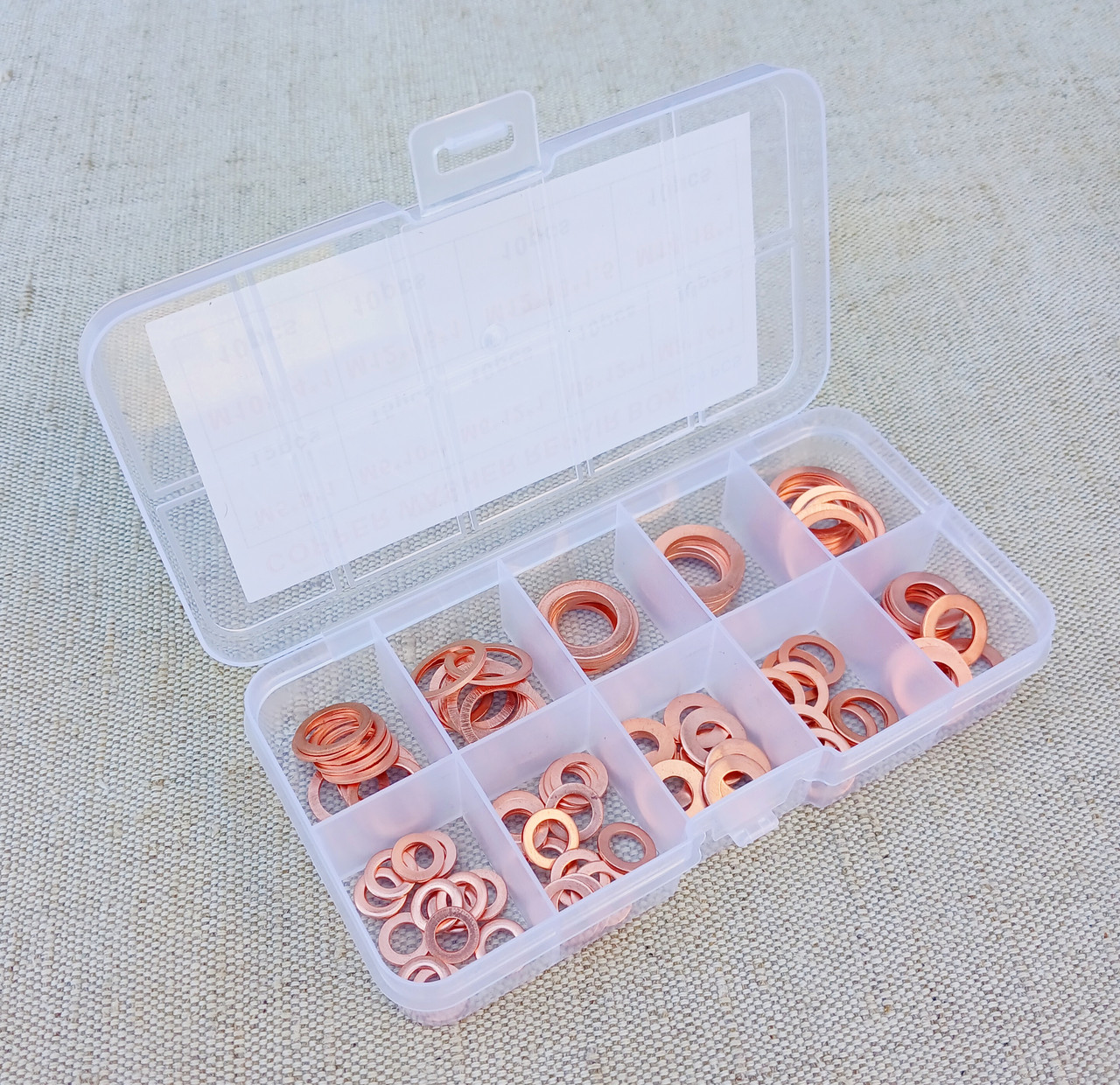 Набір з 100 мідних кілець (прокладок) з коробкою М5, М6, М8, М10, М12, М14