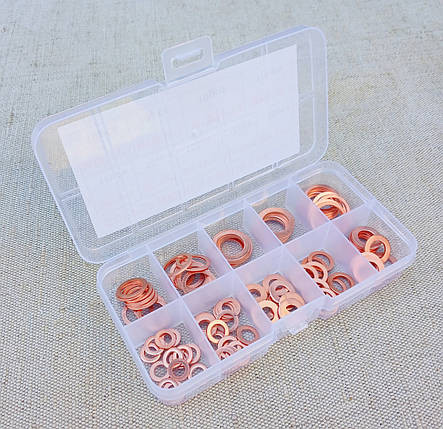 Набір з 100 мідних кілець (прокладок) з коробкою М5, М6, М8, М10, М12, М14, фото 1