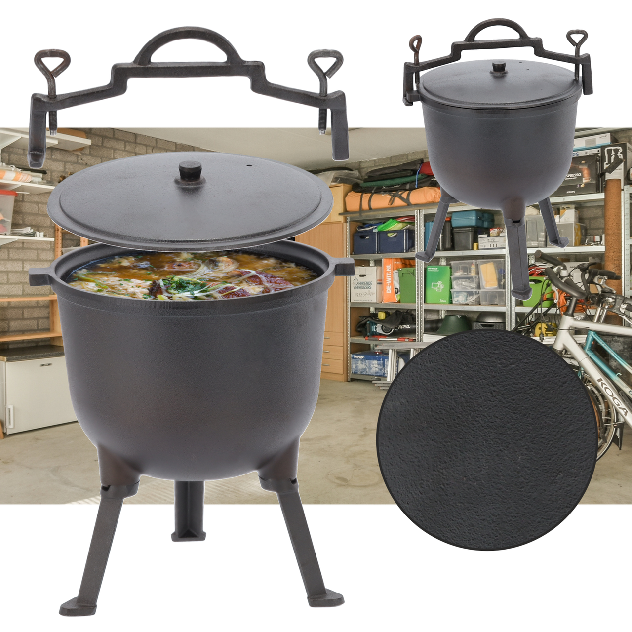 Туристичний чавунний казан 11 л Garden Line на 3 ніжках з кришкою та ручкою для перенесення (Польща), фото 1