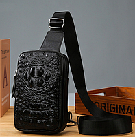 Чоловіча сумка барсетка на груди шкіряна якісна бананка на блискавці з натуральної шкіри Рептилия
