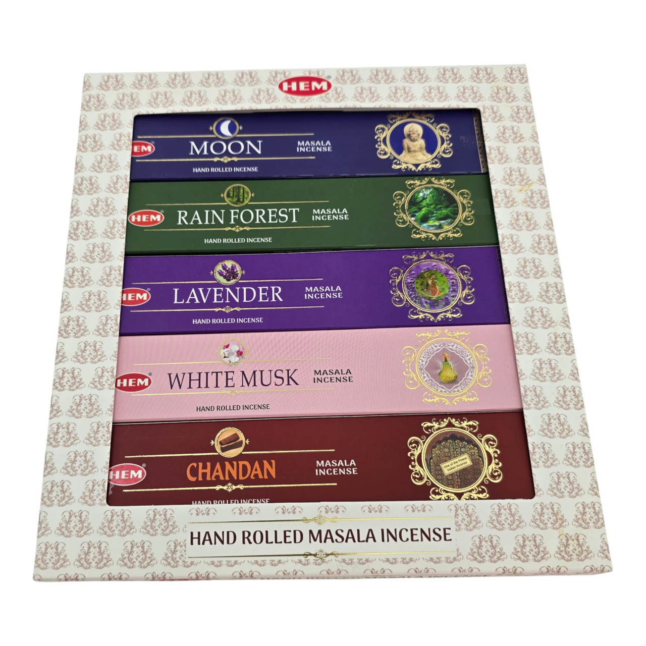 Набір пахощів HEM Masala, 5 ароматів по 15 г: Moon, Rain Forest, Lavender, White Musk, Chandan, фото 1