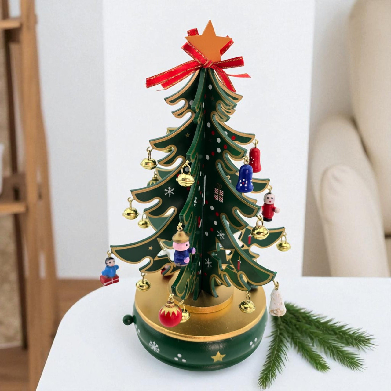 Ялинка новорічна з підвісками, дерево, 16 см, фото 1