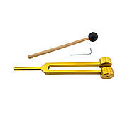 Камертон з регульованими вантажами у золотистому кольорі з молоточком та ключем, фото 4