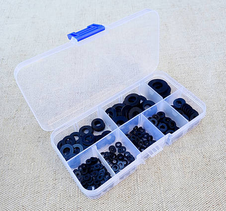 Набір із 250шт. нейлонових ущільнювальних шайб в коробці М2, М2.5, М3, М4, М5, М6, М8, М10, фото 1