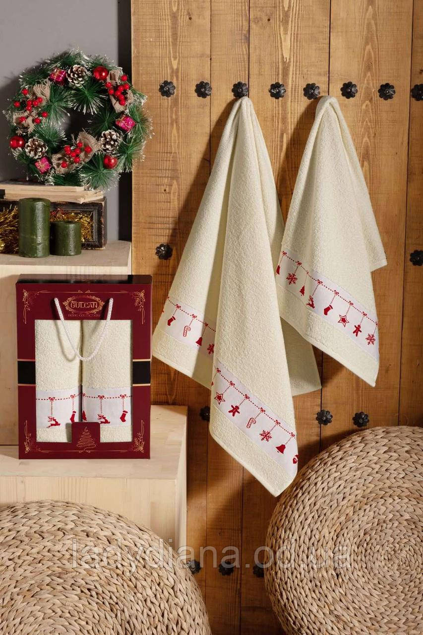 Набір новорічних рушників для обличчя та лазні 2шт в коробці на подарунок бавовняні махрові якісні Туреччина Gulcan, фото 1