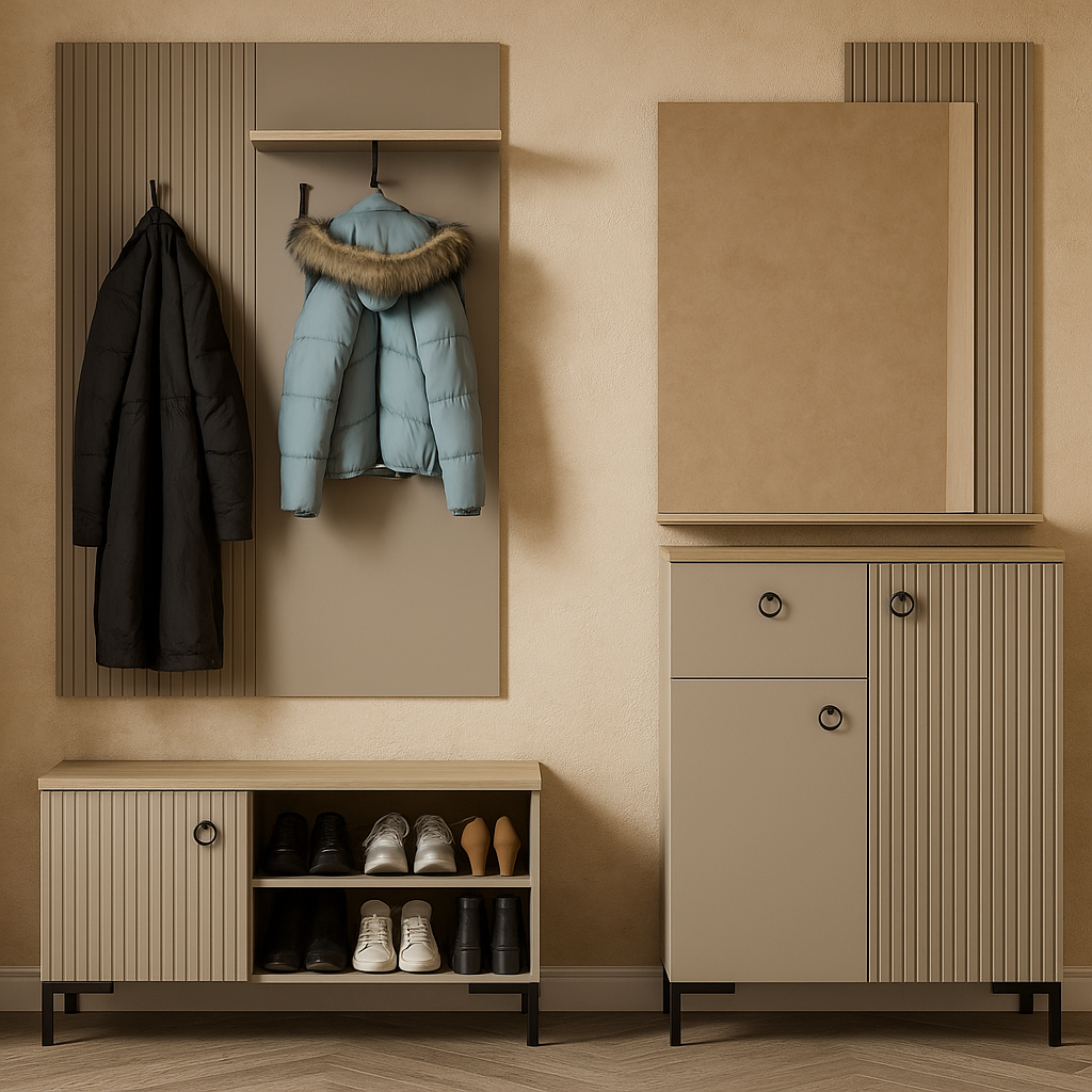 Стильний модульний передпокій модерн 150 см з дзеркалом і тумбою для взуття в вузький коридор Моніка Мебель Сервіс, фото 1