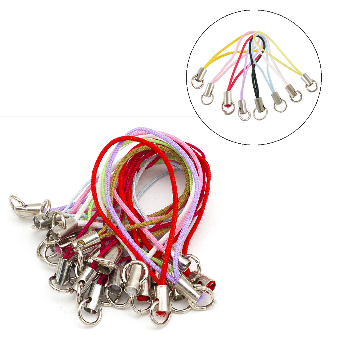 Шнур із Петлею Нейлон і Латунь, для Брелків, Мобільних, Колір: Мікс, Довжина 60мм, Кільце 8 мм, (25 шт), фото 1