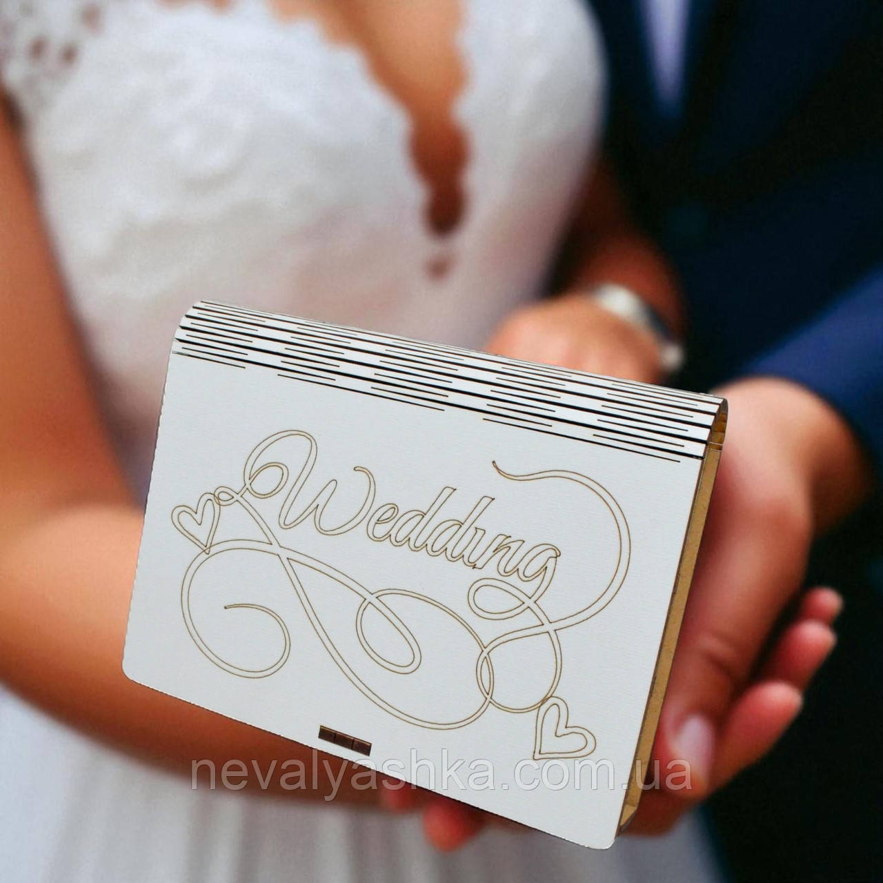 Весільна Підставка для Обручок 14 см, Футляр з Гравіюванням "Wedding", Дерев'яна Коробочка для Каблучок на Весілля, фото 1