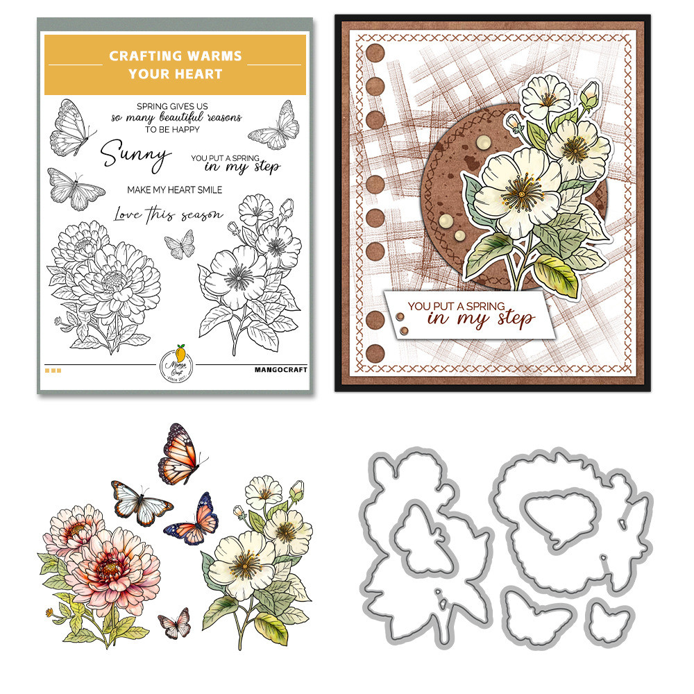 Набір силіконових штампів та ножів для скрапбукінгу Квіти і метелики NSH005, фото 1