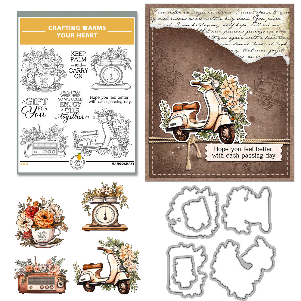 Набір силіконових штампів та ножів для скрапбукінгу Квіти і надписи NSH006, фото 1