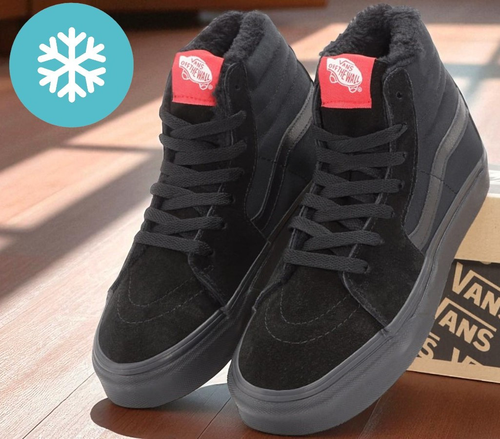 Зимові чоловічі кеди Vans Old Skool CANVAS SK8-HI all black теплі з хутром високі, фото 1