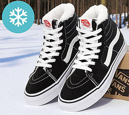 Зимові чоловічі кеди Vans SK-8 HI black/white із хутром теплі високі. Підліткові кеди на хутрі