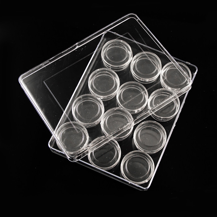 Контейнер з баночками, Пластик, Безбарвний, Розмір баночки: 3x1.45sм, (12 шт), Об'єм 5мл, 13.5×10×2см, 1 шт, фото 1