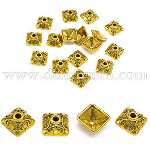 Шапочки для Бусин зі Сплава, Квадратні, Античне Золото, 10х10х5мм, Отвір 2 мм, 20 шт