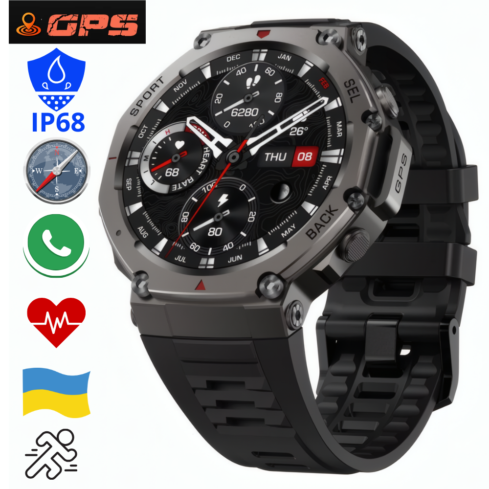 Чоловічий смарт-годинник чорний з функцією дзвінків компасом GPS водонепроникний Smart Watch Modfit Titan Force, фото 1