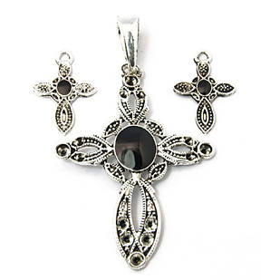 Комплект Кулон-сеттинг і Сережки, Металевий, Хрест, Античне Срібло, 51х31мм, 1 шт, 1 комплект