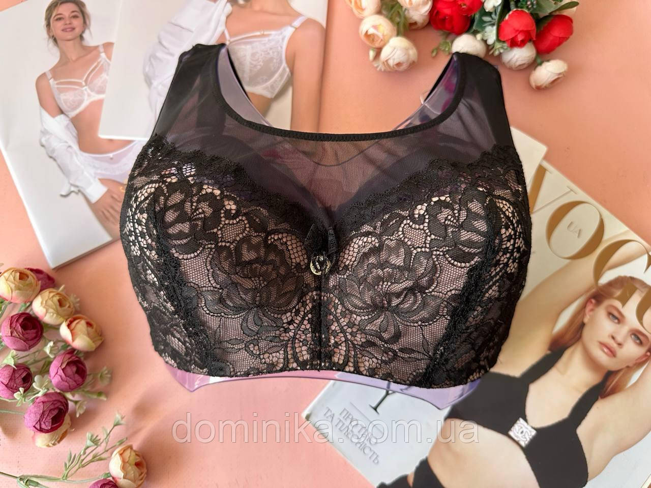 80/85/90/95C Мереживний бюстгальтер на чашку C напівпоролон чорно-бежевий