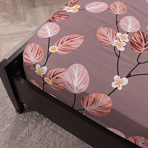 Захисне натяжне міцне простирадло гумка односпальне з бязі (90*200*25) бавовняне коричневе з рослинним принтом, фото 3