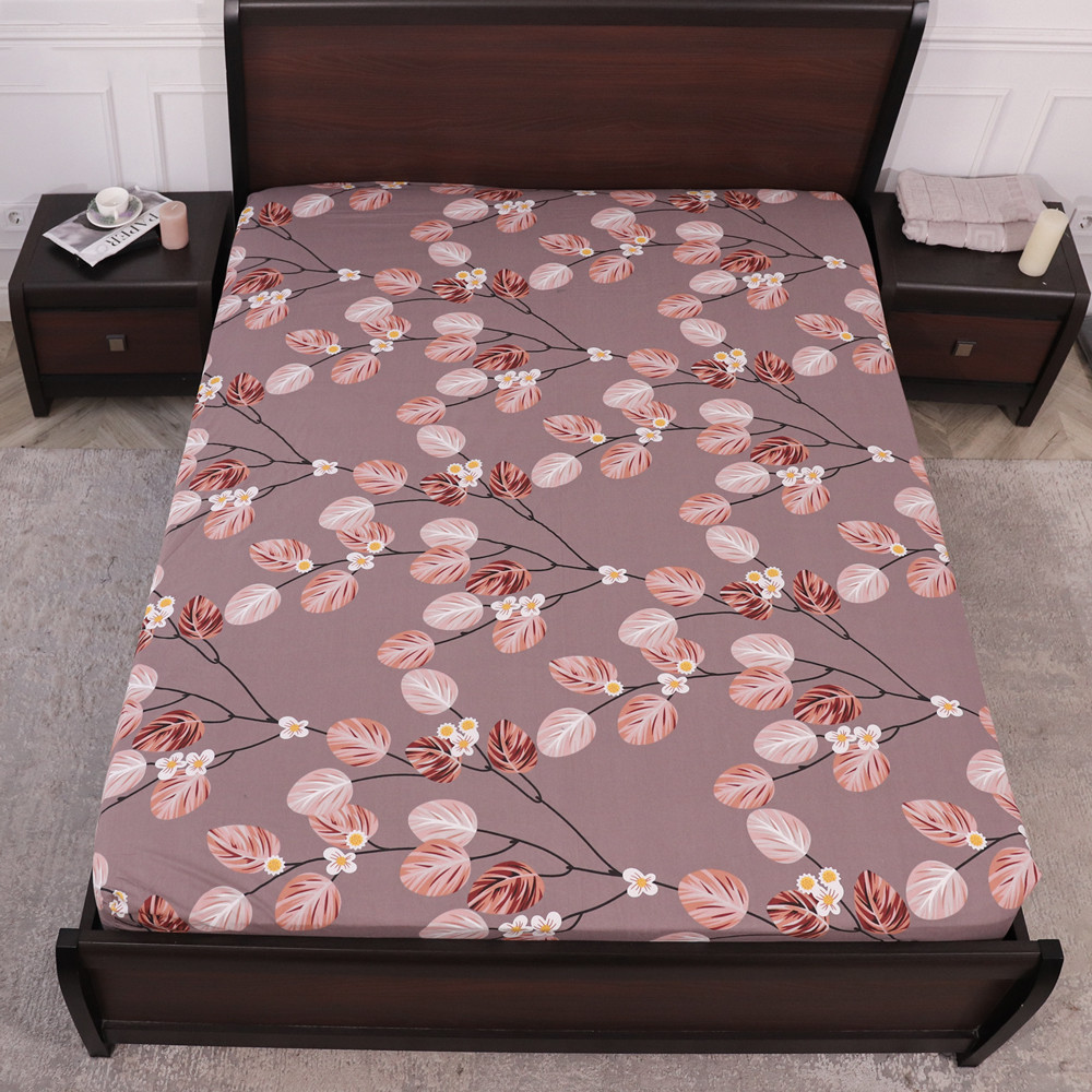 Захисне натяжне міцне простирадло гумка односпальне з бязі (90*200*25) бавовняне коричневе з рослинним принтом