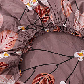 Захисне натяжне міцне простирадло гумка односпальне з бязі (90*200*25) бавовняне коричневе з рослинним принтом, фото 2