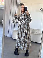 Женское теплое платье-рубашка длинное в клетку с поясом и рукавами фонариками (р. 42-52) 2036141