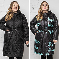 Демісезонна жіноча куртка довга двостороння чорна з м'ятою, 48 2412