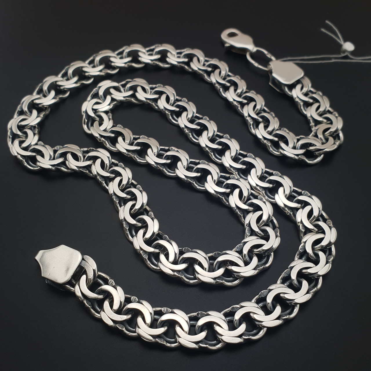 Товста срібна цепочка Бісмарк плоский. Чоловічий ланцюжок широкий 10 мм срібло 925. Довжина 70 см, фото 1