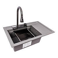 Гранітна кухонна мийка VALESO ATRUM 7950 сірий мусон зі змішувачем
