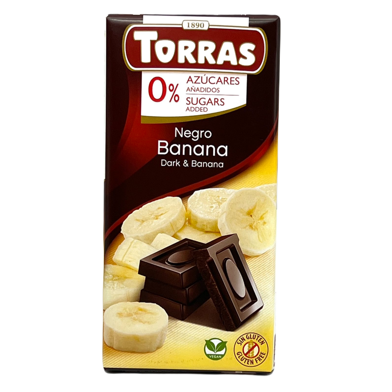Чорний шоколад Torras із шматочками банана 75 г без цукру.