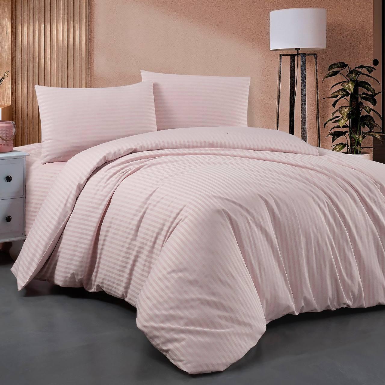 Комплект постільної білизни Страйп сатин преміум Ніжно-рожевий Двоспальний розмір 180х240, фото 1