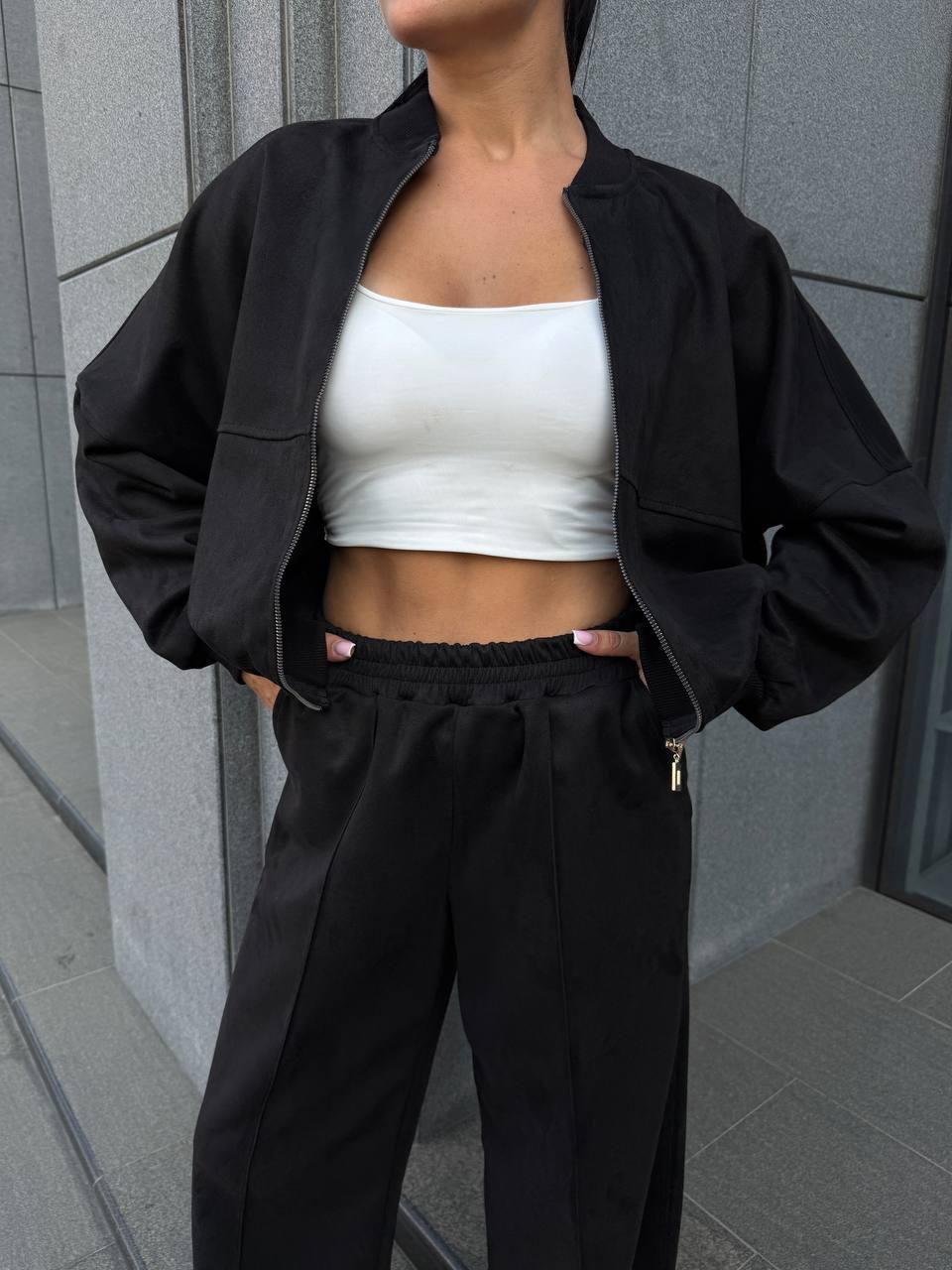 Чорний жіночий базовий повсякденний замшевий костюм-двійка оверсайз: Широкі Штани та Кофта на блискавці, фото 1