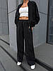 Чорний жіночий базовий повсякденний замшевий костюм-двійка оверсайз: Широкі Штани та Кофта на блискавці, фото 8
