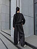 Чорний жіночий базовий повсякденний замшевий костюм-двійка оверсайз: Широкі Штани та Кофта на блискавці, фото 10