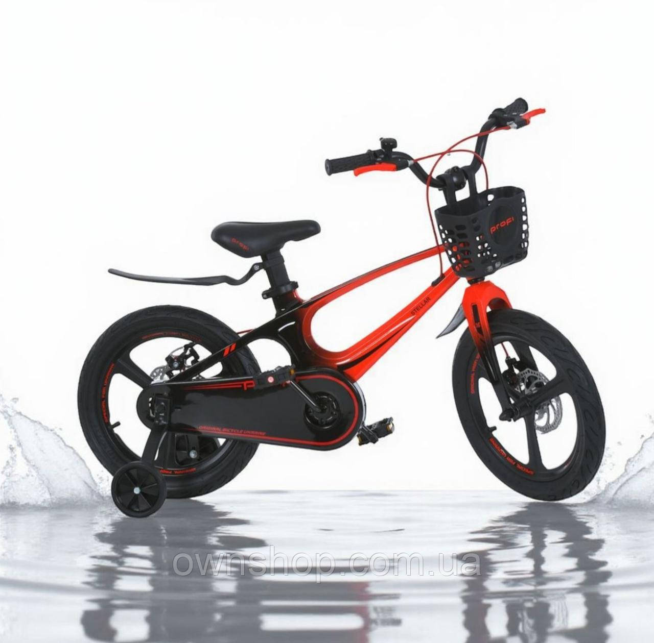 Дитячий магнієвий велосипед, доп.колеса, крила, кошик, дискові гальма, PROF1 18", фото 1