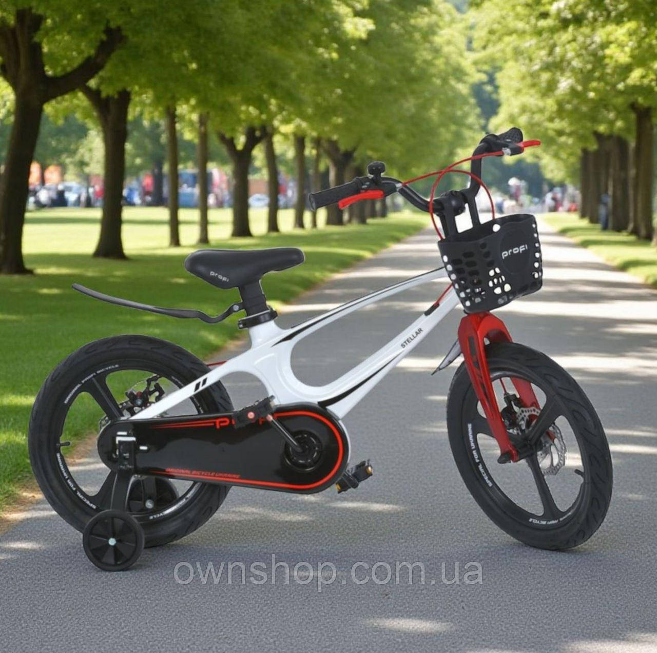 Дитячий магнієвий велосипед, доп.колеса, крила, кошик, дискові гальма, PROF1 18", фото 1